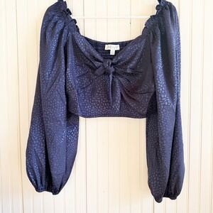 SHE + SKY Navy Blue Satin Leopard Print Tie Front Smocked Romantic Top Crop